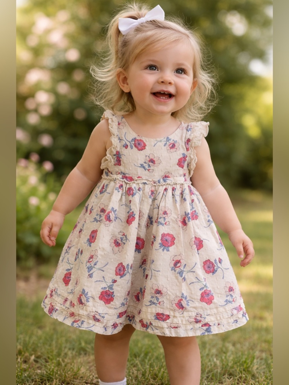 cupcakes & cashmere Girls Size 24 Months Cream Floral Swiss Dot Ruffled Sundress